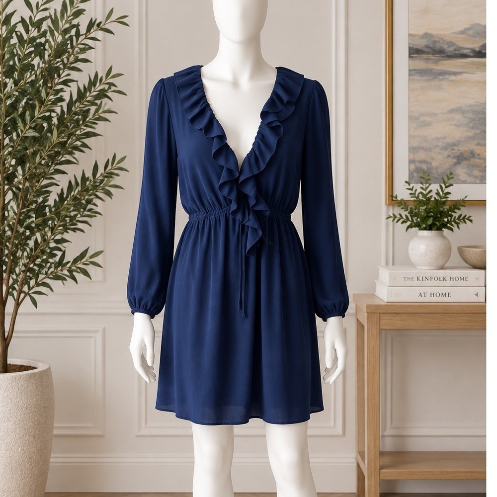 Revolve Navy Ruffle V-Neck Long Sleeve Mini Dress Wedding Guest S NWT